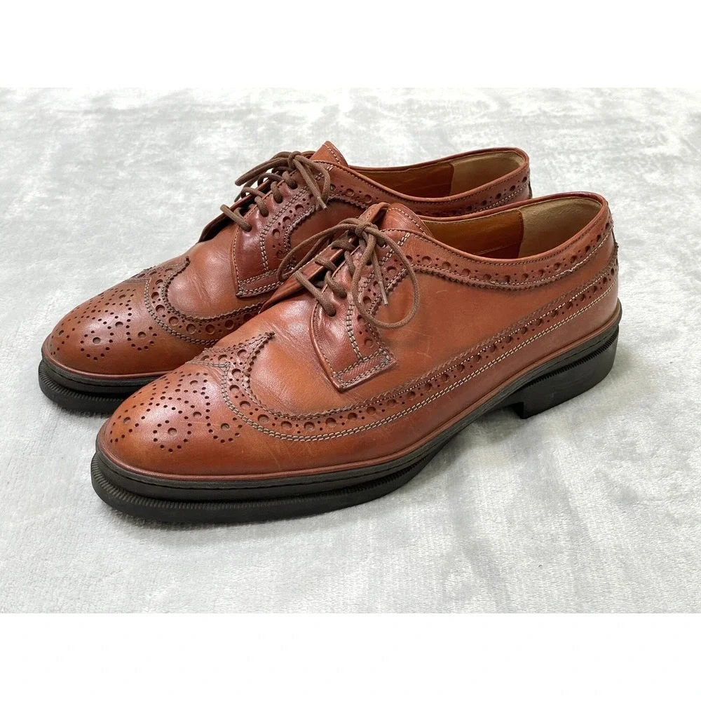 Pollini Linea Torpedo Men's 10 Cognac Leather Wingtip Brogue Oxfords Italy